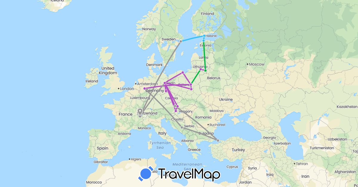 TravelMap itinerary: driving, bus, plane, train, boat in Austria, Bosnia and Herzegovina, Switzerland, Germany, Estonia, Finland, Hungary, Lithuania, Poland, Sweden, Slovakia, Turkey (Asia, Europe)